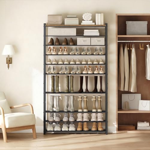 YATINEY 12-Tier Shoe Rack, 39.4" L Shoe Shelf for 54-60 Pairs of Shoes, Tall Shoe Storage Organizer with Metal Frame, Large Capacity Shoes Rack for Entryway, Closet, Rustic Brown and Black SS40BR - size: 39.4" x 11" x 83"