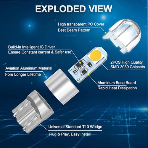 194 Led Car Bulb 3030 Chipset 2SMD T10 194 168 W5W Led Wedge Light Bulb 1.5W 12V License Plate Courtesy Step Map Lights Trunk Lamp Clearance Lights (12pcs) - color: White