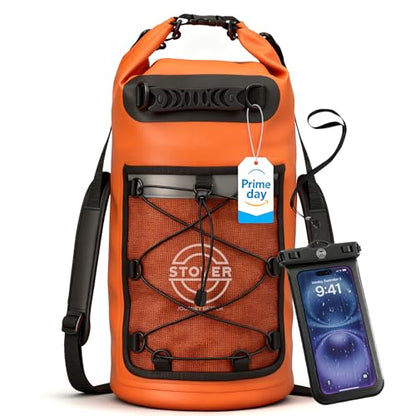 STOVER 5/10/25/30/40/55L Waterproof Dry Bag- Roll-Top Backpack w/Phone Case- Kayaking, Hiking, Camping, Boating- Men/Women - color: 25l Orange (With Phone Case), size: 25L