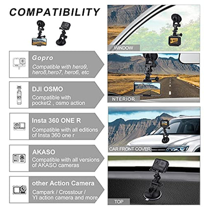 PULUZ Suction Cup Mount for Gopro Car Mount, Adjustable Vehicle Window & Windshield Mount Holder, Compatible with GoPro Hero 12 11 10 9 8 7/Insta360 X3 x2/DJI OSMO Action Camera Mount - size: 6.8cm/2.6inch Suction Cup