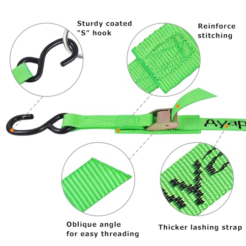 Ayaport Cam Buckle Tie Down Straps 6 feet 2200lbs Break Strength Green Securing Straps with S Hooks for Motorcycle, Kayak, Car, Truck, Dirt Bike - size: Cam Buckle-1"x6\' green