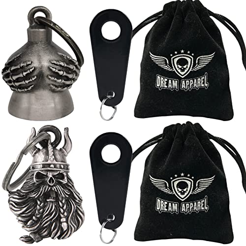 Dream Apparel 2 Pack Motorcycle Bells Guardian Angel for Biker Rider Men Women Ride Riding with Hangers, Drive Away Gremlins - color: Handful Bell + Viking Skull W/ Helmet Bell