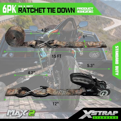 XSTRAP STANDARD 4-Pack Ratchet tie-Down Straps (1" x 15 ft) Feature Integrated Soft Loops, Padded Handles, Coated S-Hooks with Safety Clips, 1890 lbs Break Strength for Motorcycles, Trucks(Camouflage) - size: Camouflage-1890 lbs