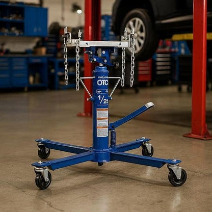 OTC TJH10 1,000 LB. Capacity High-Lift Transmission Jack with Universal Saddle, Tilting Head, Safety Chains, and Foot Operated Pump and Lowering Pedal