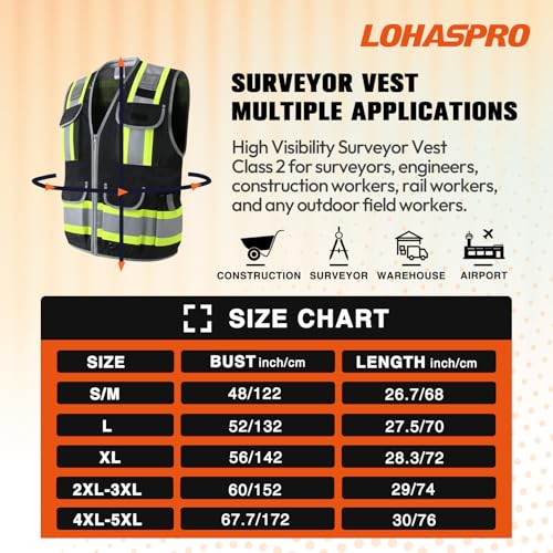 LOHASPRO Surveyor Safety Vest Heavy Duty Safety Vests Reflective High Visibility Construction Vest with Pockets - color: Black, size: X-Large
