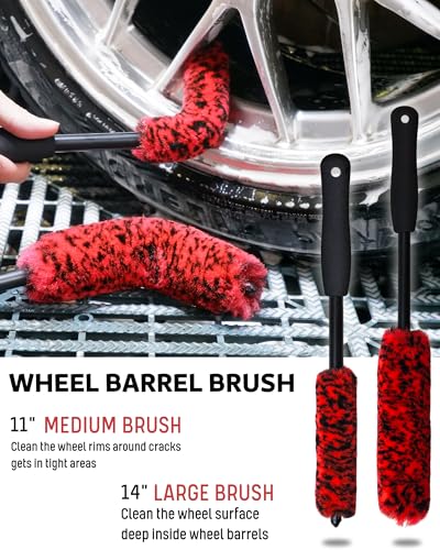 oesee 7PCS Car Wheel Rims Detail Cleaning PRO Wash Kit, Wheel Wash Mitt, Tire Brush, 2PCS Soft Wheels Brush, Detailing Brush, and Tire Dressing Pads, Microfiber Dry Towel Scratch-Free Cleaning - color: 7 Pack (Red & Black)