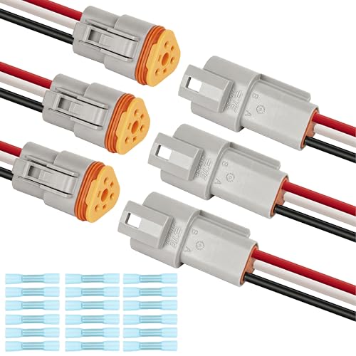 3 Kits Deutsch DT 3 Pin Wiring Harness Connector, Deutsch Male Female 2 Wire Way Waterproof Automotive Electrical Connector 16 AWG with Heat Shrink Tubing for Car Truck Boat, grey - color: 3 Sets-Grey, size: 3Pin