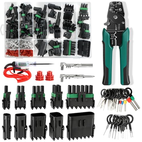 401PCS 25 Sets Weather Pack Connectors Kit, 1 2 3 4 6Pin Automotive Electrical Wire Connectors with Crimping Tool(18-12AWG), Male Female Terminals Plug Kit, Terminal Removal Tool and Electric Test Pen - size: 401PCS
