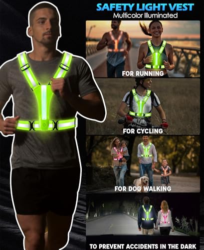 Topward LED Reflective Vest Running Gear, 8 Lights Colors Illuminated, USB-C Rechargeable, High Visibility Safety Vest with Adjustable Waist/Shoulder, Light Up Vest for Night Dog Walking Cycling