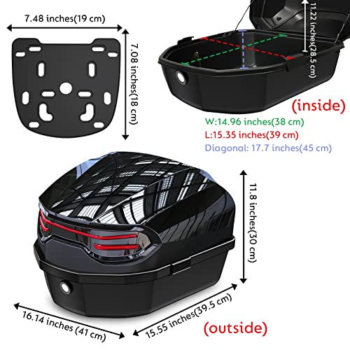 35L Motorcycle Top Case, Motorcycle Daily Tail Box Trunk Lockable Storage Carrier Plastic Case with Soft Backrest Universal Mounting for Helmet Luggage, Waterproof Motorcycle Top Box - Black