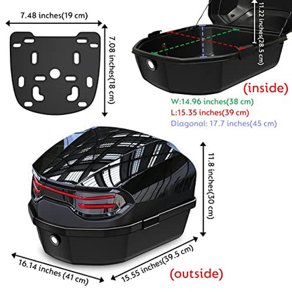 35L Motorcycle Top Case, Motorcycle Daily Tail Box Trunk Lockable Storage Carrier Plastic Case with Soft Backrest Universal Mounting for Helmet Luggage, Waterproof Motorcycle Top Box - Black