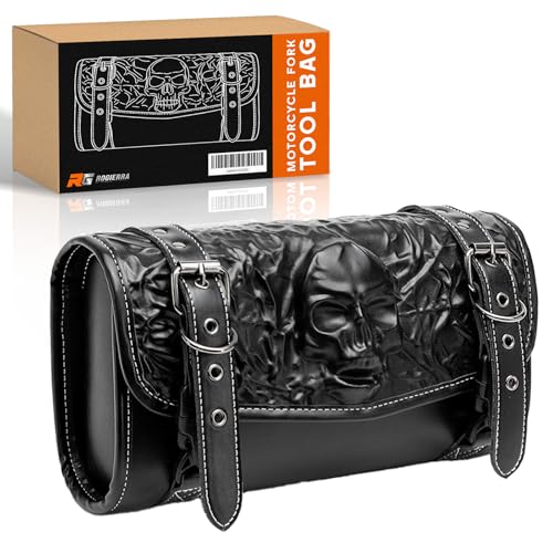 Rogierra 7.1L Motorcycle Tool Bag,Universal PU Leather Motorcycle Fork Bag Waterproof Handlebar Bag For Harley Suzuki Kawasaki,Black Adjustable 3D Skull Bag - style: Embossed Skull Pattern