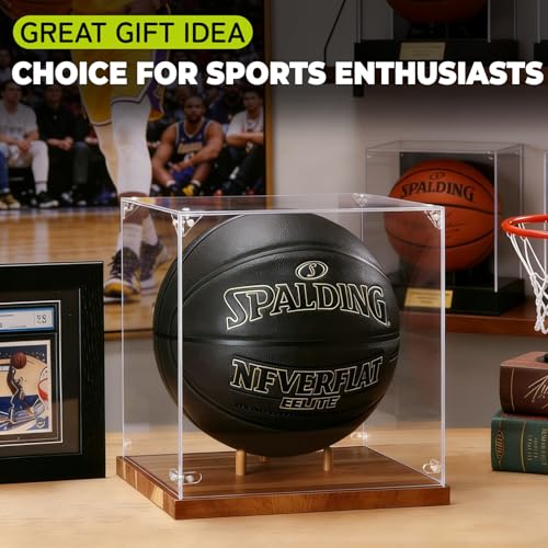 Basketball Display Case Acrylic Clear 10" Full Size with Solid Wood Base, UV Protected Soccer Display Stand Box for Autographed Standard NBA WNBA Ball Memorabilia Keepsake Ideal Gift Athlete - size: 13.6ln×12.4ln×1.6ln