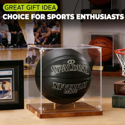 Basketball Display Case Acrylic Clear 10" Full Size with Solid Wood Base, UV Protected Soccer Display Stand Box for Autographed Standard NBA WNBA Ball Memorabilia Keepsake Ideal Gift Athlete - size: 13.6ln×12.4ln×1.6ln