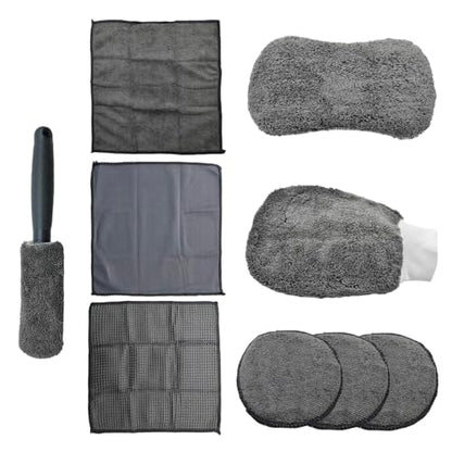 Craedli 9PCS Car Wash Cleaning Kit, Microfiber Auto Detailing Set with Wheel Brush, Wash Mitt, Sponge, Drying Towels & Applicator Pads, Vehicle Interior Exterior Wash Tools Supplies (Gray) - color: Gray