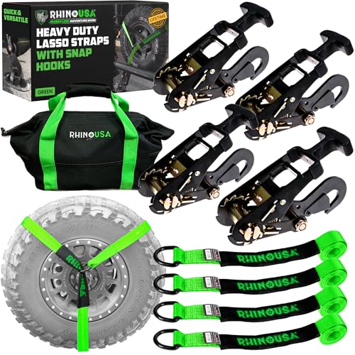 Rhino USA Car Tie Down Straps with Snap Hooks – 4 Pack 2" x8' – 10,000lbs Break Strength – Heavy Duty T-Handle Car Hauler Tire Lasso Wheel Straps for Trailers, UTV & Powersports – Green - color: Green, size: Snap-Hooks