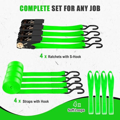 AWELCRAFT Ratchet Straps 4 Pack,1 Inch x 15 Feet Tie Down Ratcheting Strap,1500lb Breaking Strength with S-Hook,4X Soft Loops for Moving Appliances,Lawn Equipment,Truck,Motorcycle(Green) - color: Green