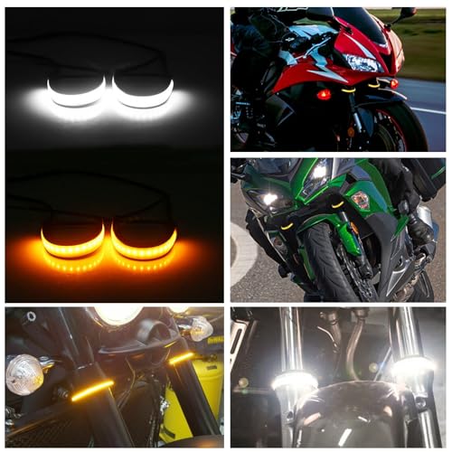 Motorcycle LED Turn Signal Light, 2PCS Switchback Fork Turn Signal DRL Daytime Running Lights, 12V Universal Wrap Around Mount LED Light Dual-Color (White + Amber)