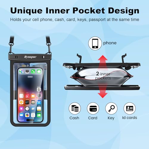 Rynapac Large Waterproof Phone Pouch [Up to 8.5"] - 2 Pack IPX8 Waterproof Phone Case for iPhone 17 16 15 Pro Max Galaxy S26 Ultra, Touchscreen & Underwater Photography, Beach Cruise Essentials 2026 - color: [Black + Black] Large Waterproof Phone Pouch, s