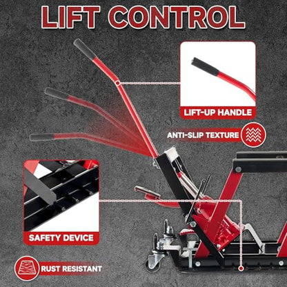 1500 LBS Hydraulic Motorcycle Lift Jack, Heavy Duty Steel ATV Lift Stand with Wheels, Handle, Foot Pedal, Tie-Down Straps & Adapter Bars, Red/Black