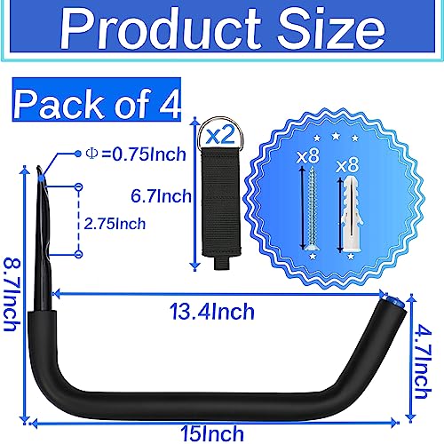 Kayak Storage Hooks, 15Inch Heavy Duty Garage Wall Mount Rack, Garage Storage Hangers for Canoe, Surfboard, Snowboard (19G-15Inch, 4pack) - size: 15inch