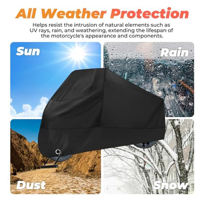 Motorcycle Cover Waterproof: Durable Heavy Duty Motorcycle Cover with Windproof and Security System - Fits up to 104 Inch Large Motorcycle (210D) - size: 210D - 104 Inch
