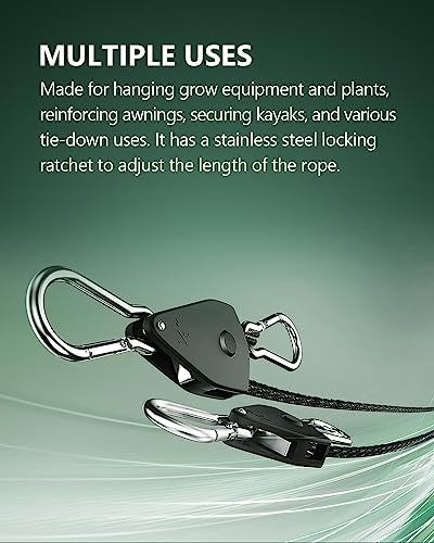 4-Pack 1/8" Adjustable Rope Hanger, Heavy Duty Ratchet Tie Down Strap with Reinforced Metal Gear, Ratcheting Pulley System Kayak Straps for Hanging Plants Grow Light and Various Tie-Down Uses - size: 4-Pack 1/8"