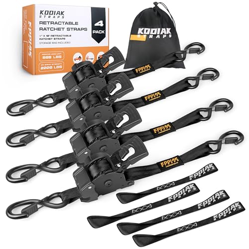 Retractable Ratchet Straps 1" x 10ft, 1,800lb Break Strength, Heavy Duty Easy Release Tie Down for Trucks, Trailers, Motorcycles, ATVs, Secure Cargo KODIAK STRAPS (Black, 4Pack) - color: Black, size: 1INCH*4PACK