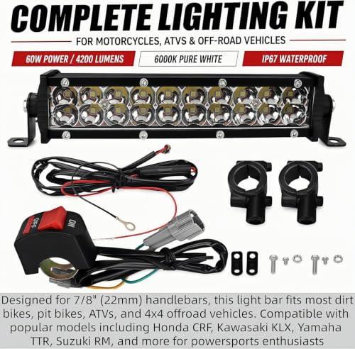 Motorcycle Headlight Kit, LED High Beam Light Bar, 60W, 4200LM | for CRF110 KLX140 TTR110 RM85 YZF450 XR RM KX, Dirt Bike Pit Bike