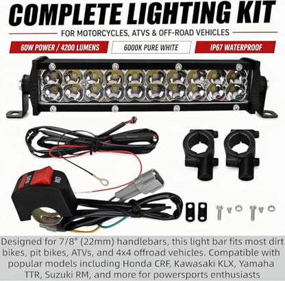Motorcycle Headlight Kit, LED High Beam Light Bar, 60W, 4200LM | for CRF110 KLX140 TTR110 RM85 YZF450 XR RM KX, Dirt Bike Pit Bike