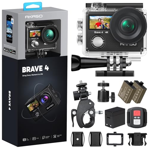 AKASO Brave 4 Action Camera 4K 30fps Ultra Hd Video 20MP Photo, EIS, WiFi, 2X Batteries, Waterproof Underwater Camera, Camcorder Bundle for Snorkel, Travel, Motorcycle, Bicycle, Helmet Accessories Kit