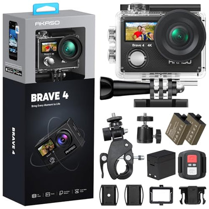 AKASO Brave 4 Action Camera 4K 30fps Ultra Hd Video 20MP Photo, EIS, WiFi, 2X Batteries, Waterproof Underwater Camera, Camcorder Bundle for Snorkel, Travel, Motorcycle, Bicycle, Helmet Accessories Kit