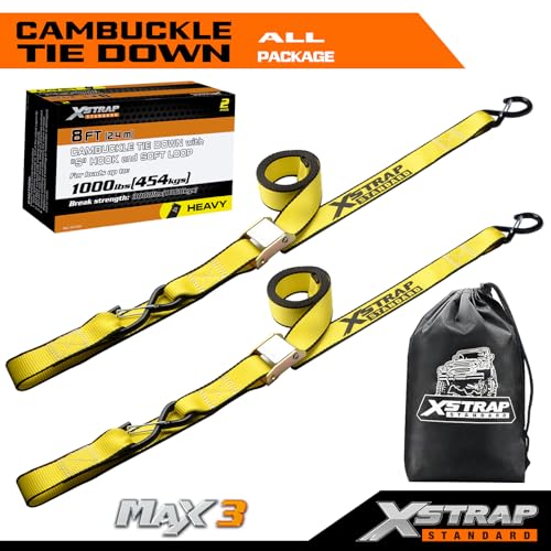 XSTRAP STANDARD Motorcycle Tie Down Straps (2 Pack) 3,000lb Break Strength, 1.5 in X 8FT Heavy-Duty Cambuckle Tie Down Set with S Hook and Soft Loops, Yellow - color: Yellow