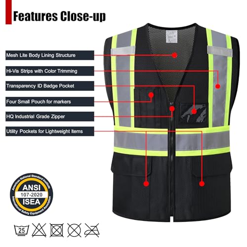 Reflective Safety Vest for Men Women Hi Vis Vest with Pockets High Visibility Vest Mesh Construction Vests Meets ANSI/ISEA Standards (Black-33, X-Large) - color: Black-33, size: X-Large