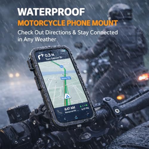 Waterproof Bike Motorcycle Phone Mount, 360° Rotating Handlebar Phone Holder, Touchscreen Phone Pouch, Full-Cover Shell, Tethered Port Cap, Tri-Side Clip Lock, 7.1 x 3.9 in, Fits 4.7-6.3 in Phones