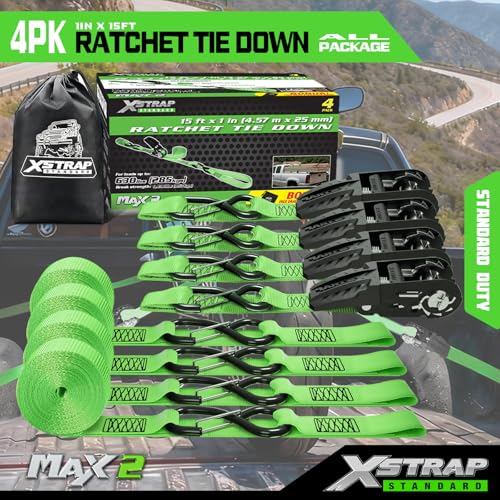 XSTRAP STANDARD Ratchet Tie Down Straps - 4 Pk - 1'' x 15 Ft 1890 Lbs Break Strength-Cargo Straps with Integrated Soft Loops, Padded Handles & Coated S Hook W/Safety Clip for Motorcycle, Truck (Green) - size: Green-1890 lbs