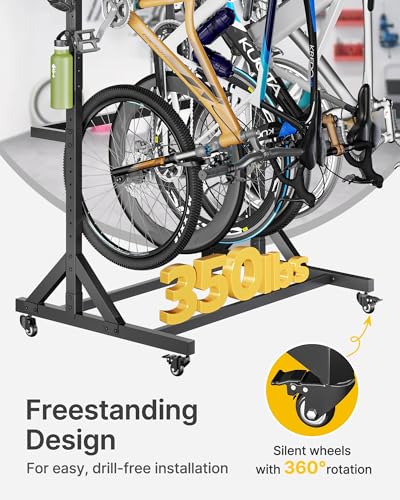 monTEK Freestanding Bike Storage Rack for 5 Bikes, Heavy Duty 350LBS Vertical Bike Stand with 5 Bike Hooks & 6 Helmet Hooks, Indoor and Outdoor Bike Storage Rack with Locking Casters - size: 5 Bike Rack