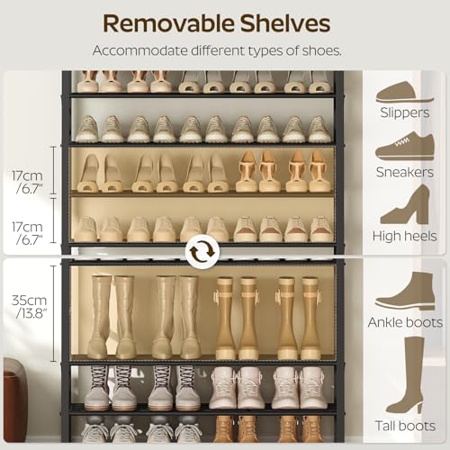 YATINEY 10-Tier Shoe Rack, 39.4" L Shoe Shelf for 45-50 Pairs of Shoes, Tall Shoe Storage Organizer with Metal Frame, Large Capacity Shoes Rack for Entryway, Closet, Rustic Brown and Black SS39BR - size: 39.4" x 11" x 68.5"