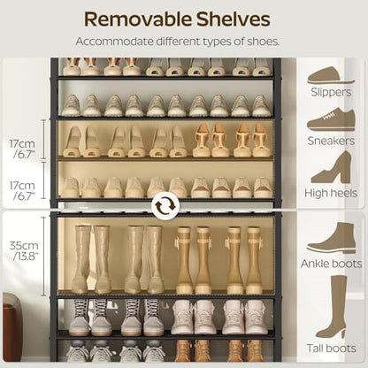 YATINEY 10-Tier Shoe Rack, 39.4" L Shoe Shelf for 45-50 Pairs of Shoes, Tall Shoe Storage Organizer with Metal Frame, Large Capacity Shoes Rack for Entryway, Closet, Rustic Brown and Black SS39BR - size: 39.4" x 11" x 68.5"