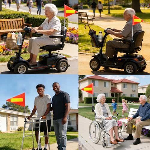 Orange Safety Flag with Reflective Strip and 5.3 Feet Retractable Pole, Orange Warning Flags Suitable for Mobility Scooter, Rollators and Wheelchairs, Set with Pole and Mount for Safety