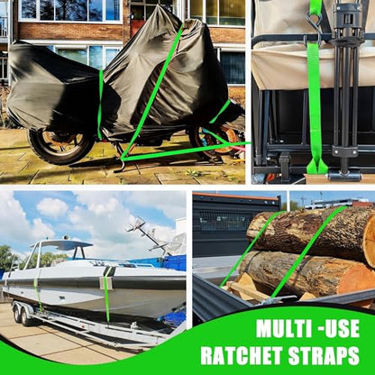 AWELCRAFT Ratchet Straps 4 Pack,1 Inch x 15 Feet Tie Down Ratcheting Strap,1500lb Breaking Strength with S-Hook,4X Soft Loops for Moving Appliances,Lawn Equipment,Truck,Motorcycle(Green) - color: Green