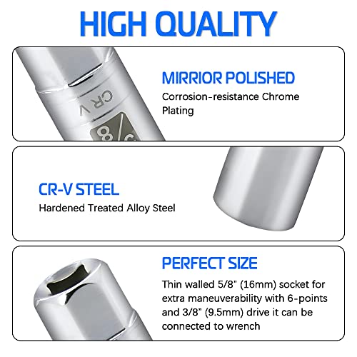 5/8-inch Magnetic Spark Plug Socket 3/8-inch Drive 6-Point Powerful Magnet Retains Spark Plugs Chrome Vanadium Steel - size: 5/8-inch