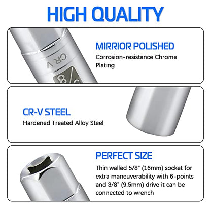 5/8-inch Magnetic Spark Plug Socket 3/8-inch Drive 6-Point Powerful Magnet Retains Spark Plugs Chrome Vanadium Steel - size: 5/8-inch