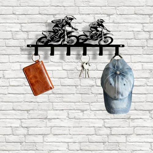 Motocross Dirt Bike 6-Hook Black Metal Entryway Rack, Keys Coats Towels Wall Decor
