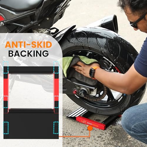 GRAND PITSTOP Motorcycle Roller Wheel Cleaning Stand - Paddock Stand Replacement - Wheel Roller Stand with Ramp Support for tire Cleaning & Chain Lubrication - (Bikes < 600 lb) - color: Black Red