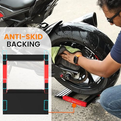 GRAND PITSTOP Motorcycle Roller Wheel Cleaning Stand - Paddock Stand Replacement - Wheel Roller Stand with Ramp Support for tire Cleaning & Chain Lubrication - (Bikes < 600 lb) - color: Black Red
