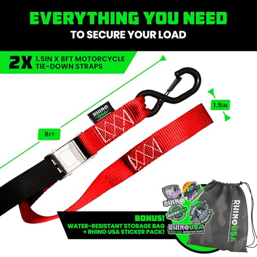 Rhino USA Motorcycle Tie Down Straps (2 Pack) Lab Inspected 2,200lb Break Strength, Steel Cambuckle Tiedown Set with Integrated Soft Loops - Better Than a Ratchet Strap (Red 2-Pack) - color: Red 2-Pack