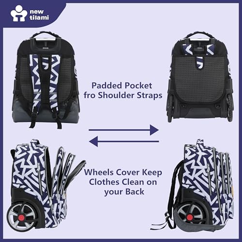 NEW TILAMI 20" Rolling Backpack for Teens Adults, Climbing Stairs Waterproof Backpack with Wheels for School Business Trave Camping with Laptop Compartment, Fit 17 Inch Laptop, Blue - White Doodle - color: Blue - White Doodle