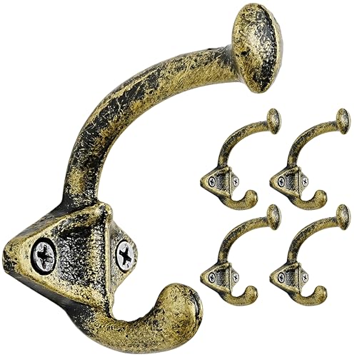 Dseap Cast Iron Wall Hooks, Heavy Duty Coat Hooks, Rustic Vintage Farmhouse Hook for Hanging Winter Coats Jackets Towels Hats Bags Plants, Antique Black& Gold, Pack of 5 (ShldCast) - color: Black&Gold, size: L=3.25" (Pack of 5)