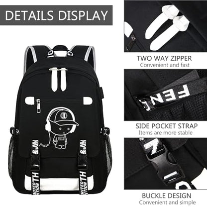 Luminous Pattern Travel Laptop Backpack - Adjustable Shoulder Strap Waterproof Black Backpack With Usb Charging Port & Headphone Port School Backpack Includes Pencil Bag,combination Lock